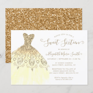 Chic Gold Yellow Glitter Dress Sweet 16th Birthday Invitation