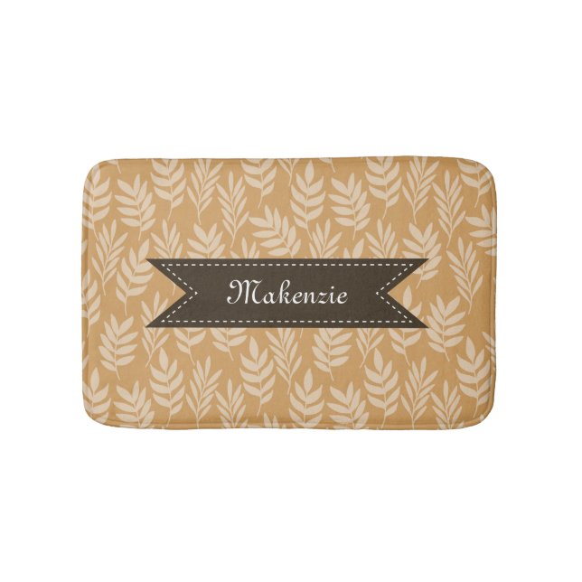 Chic Golden Brown Leaves Pattern With Name Bath Mat (Front)
