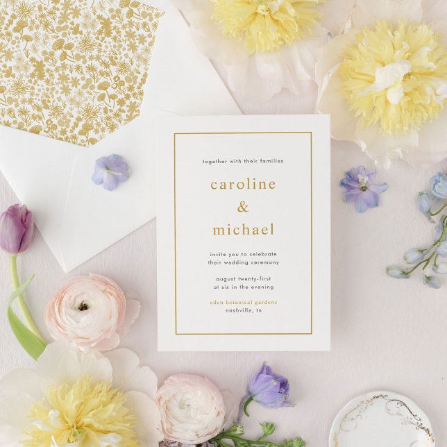 Chic Golden Ditzy Floral Wedding Invitation (Golden yellow and white ditzy floral garden chic wedding invitations.)