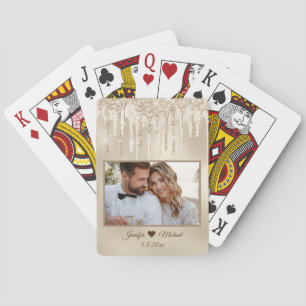 chic golden dripping glitters brown wedding photo playing cards