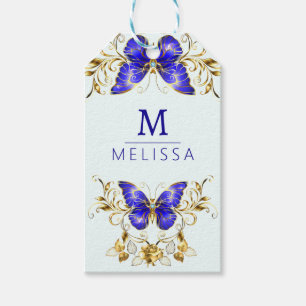 Chic Golden Flowers & blue butterflies monogrammed Gift Tags