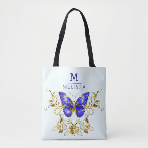 Chic Golden Flowers & blue butterflies monogrammed Tote Bag