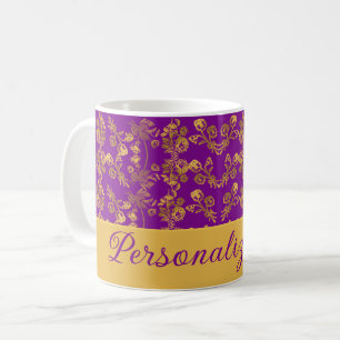Chic Golden Flowers purple pattern Personalised Coffee Mug