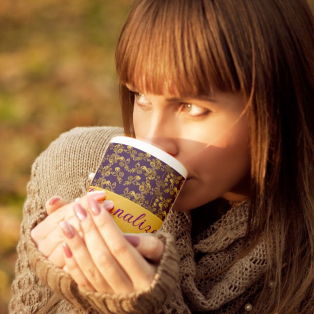 Chic Golden Flowers purple pattern | personalised Large Coffee Mug (Creator Uploaded)