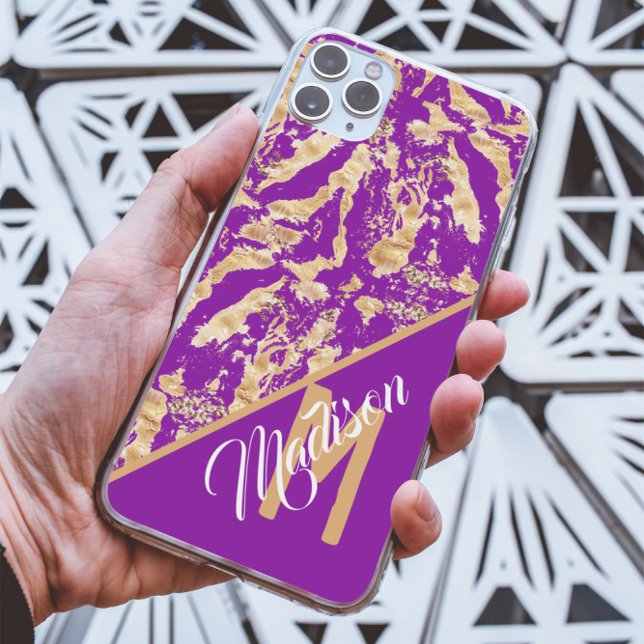 Chic Golden Marble on purple monogrammed Case-Mate iPhone Case (Creator Uploaded)