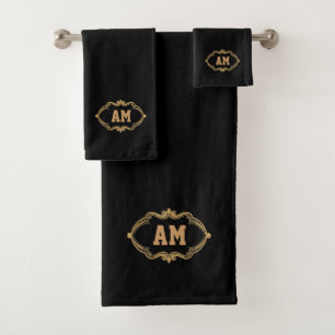 Chic Golden Monogrammed Simple Minimalist Black Bath Towel Set