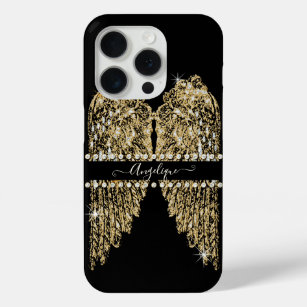 Chic Golden n Diamond Jewel Angel Wings Bling iPhone 15 Pro Case