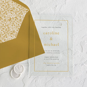 Chic Golden Yellow Modern Minimal Wedding Acrylic Invitations