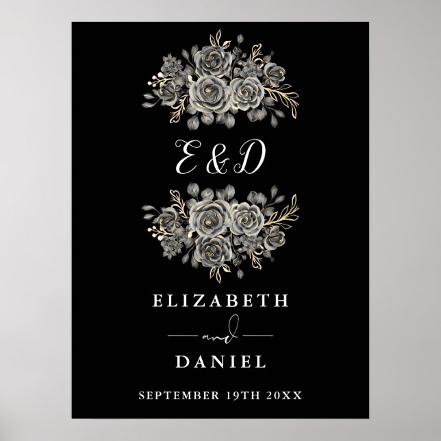 Chic Gothic Floral Monogram Wedding Sign (Front)