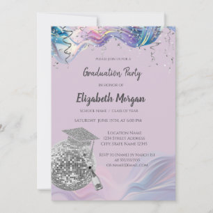 Chic Grad Cap,Disco Ball,Wine Violet Abstract Invitation