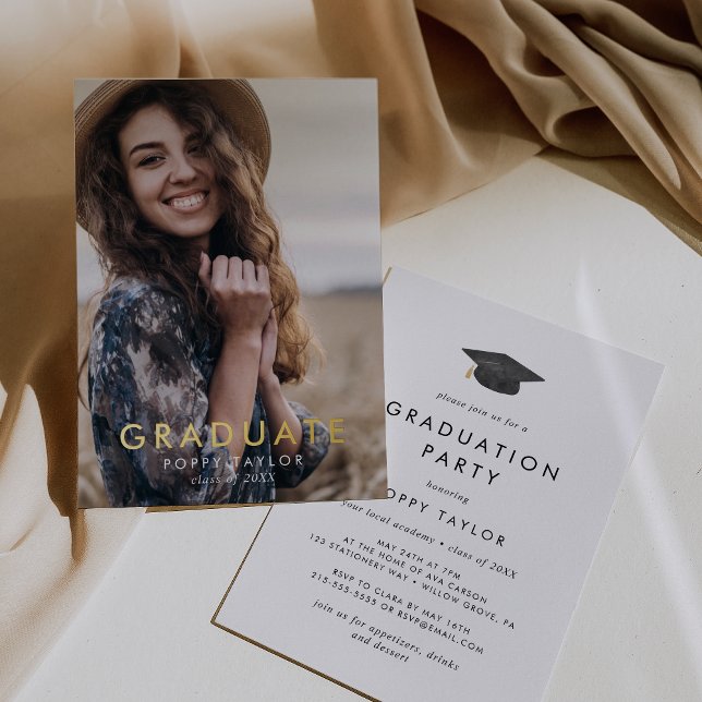 Chic Grad Cap Gold Foil Photo Graduation Party (Creator Uploaded)