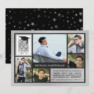 Chic GRAD Cap & Year   Brushed Silver   5-Photo Invitation