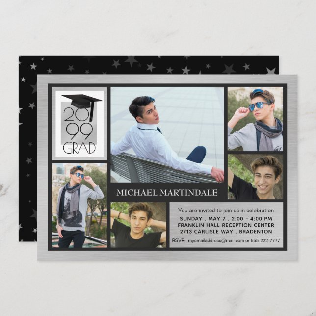 Chic GRAD Cap & Year | Brushed Silver | 5-Photo Invitation (Front/Back)