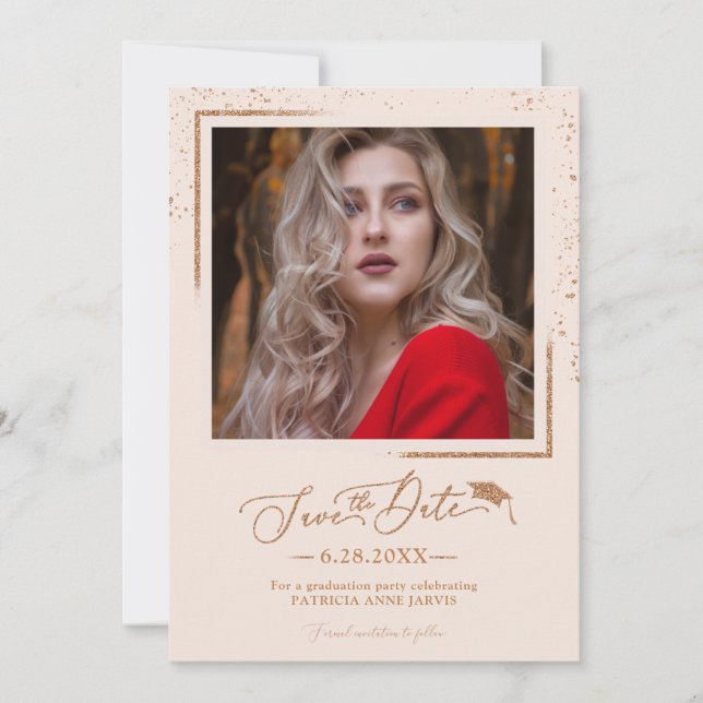 Chic Grad Party Save The Date Rose Gold Glitter Invitation (Front)