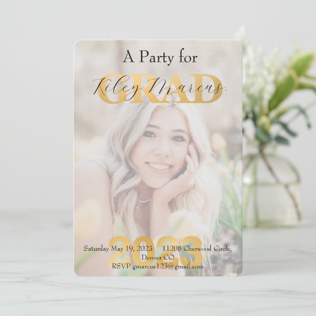 Chic Grad Photo Overlay Gold Party Invite (Standing Front)