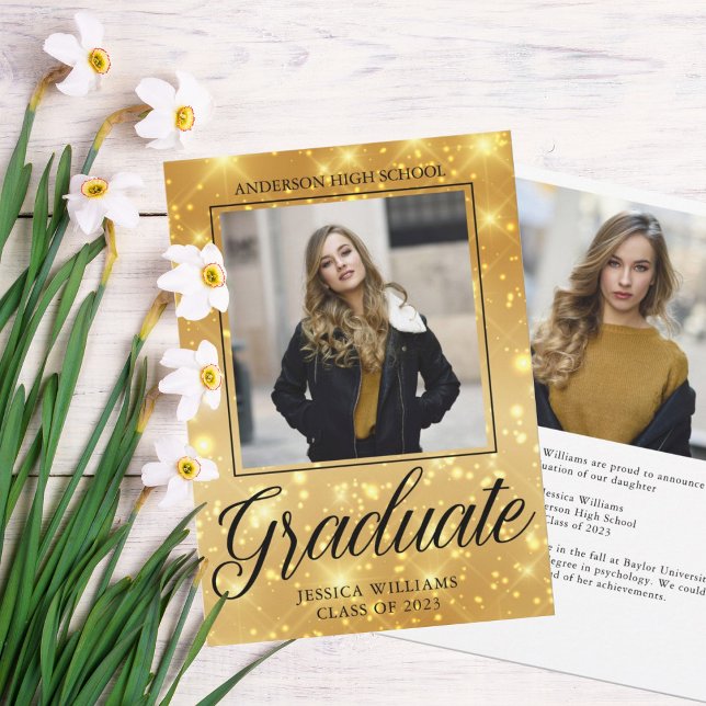 Chic Graduate Photo Gold Sparkle 2023 Graduation Announcement (Creator Uploaded)