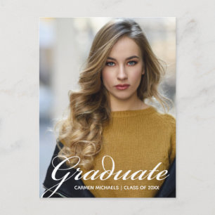 Chic Graduate Photo White Script Overlay 2024 Postcard
