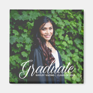 Chic Graduate White Script Photo Graduation Party Magnet