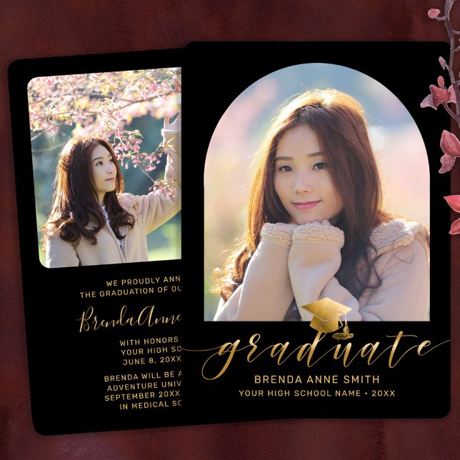 Chic Graduation 2 Photo Gold Cap Script on Black Announcement (Creator Uploaded)
