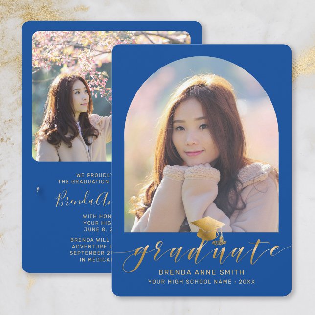 Chic Graduation 2 Photo Gold Cap Script on Blue Announcement (Royal Blue with Gold Script Arch Frame Photo Graduation Announcement)