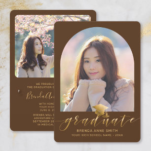 Chic Graduation 2 Photo Gold Cap Script on Brown Announcement