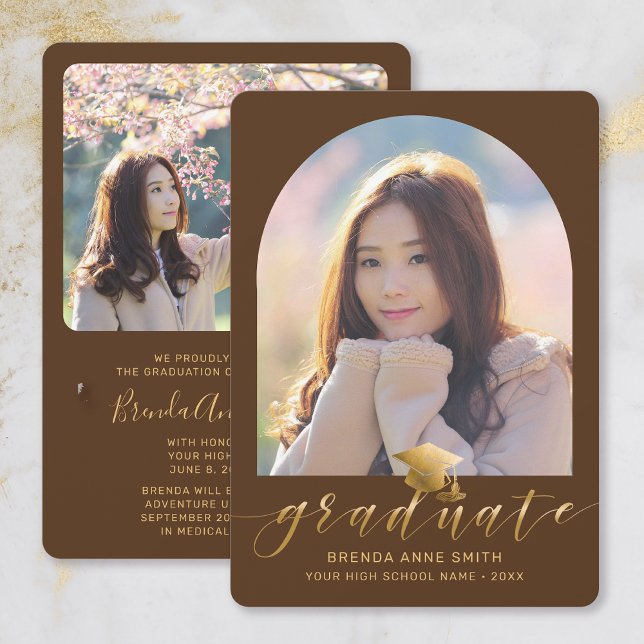 Chic Graduation 2 Photo Gold Cap Script on Brown Announcement (Brown with Gold Script Arch Frame Photo Graduation Announcement)