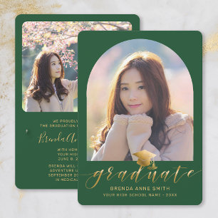 Chic Graduation 2 Photo Gold Cap Script on Green Announcement