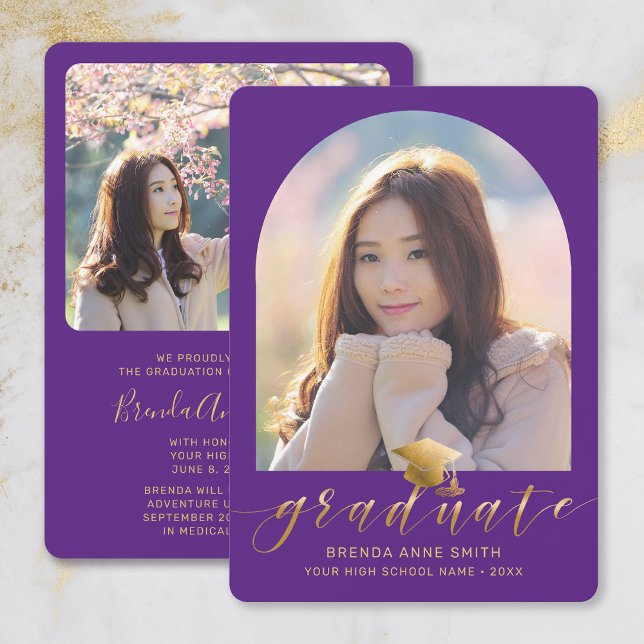 Chic Graduation 2 Photo Gold Cap Script on Purple Announcement (Purple with Gold Script Two Photo Arch Frame Graduation Announcement)