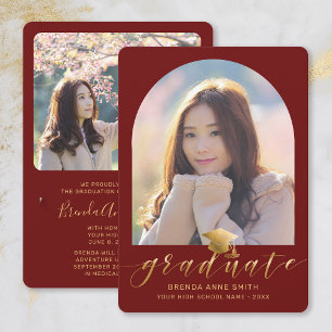 Chic Graduation 2 Photo Gold Cap Script on Red Announcement
