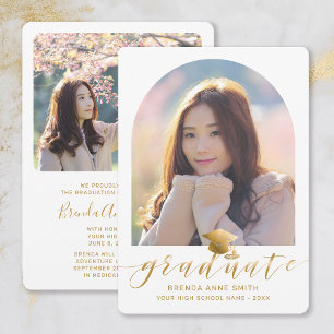 Chic Graduation 2 Photo Gold Cap Script on White Announcement