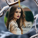 Chic Graduation 2 Photo Script Overlay Christmas Ceramic Ornament<br><div class="desc">This chic graduation Christmas ornament gift features sophisticated handwritten black script over a trendy full photo of your graduate. Customize this modern grad present with your grad year and name and a 2nd full photograph on the back.</div>