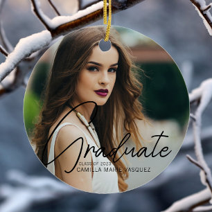 Chic Graduation 2 Photo Script Overlay Christmas Ceramic Ornament