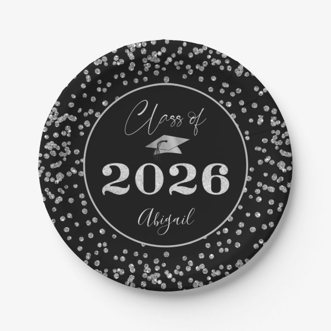 Chic Graduation Black Silver Glitter CLASS OF 2023 Paper Plate (Front)