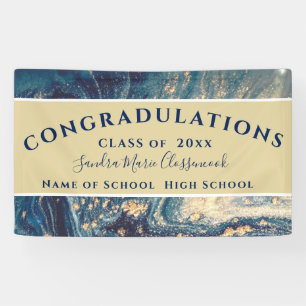 Chic Graduation Blue Marble Swirl Gold Glitter Ban Banner