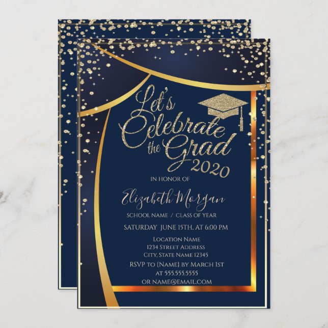 Chic Graduation Cap Diamonds Navy Blue Graduation Invitation (Front/Back)