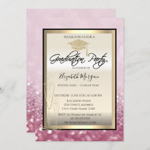 Chic Graduation Cap,Glass Glitter Bokeh Graduation Invitation