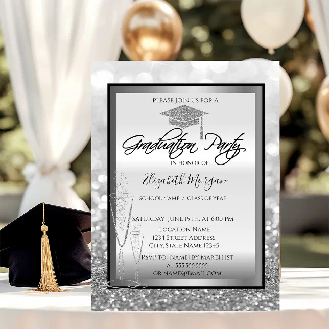Cache Col Graduation Chic Graduation Cap,Glass Silver Bokeh Graduation Invitation | Zazzle