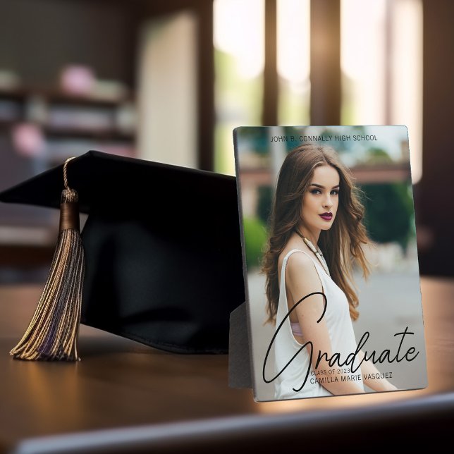 Chic Graduation Handwritten Black Script Photo Plaque (Creator Uploaded)