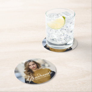Chic Graduation Party Photo with White Script Round Paper Coaster