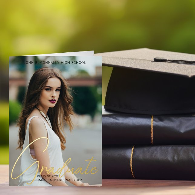 Chic Graduation Photo 2025 Handwritten Script Gold Foil Greeting Card (Creator Uploaded)