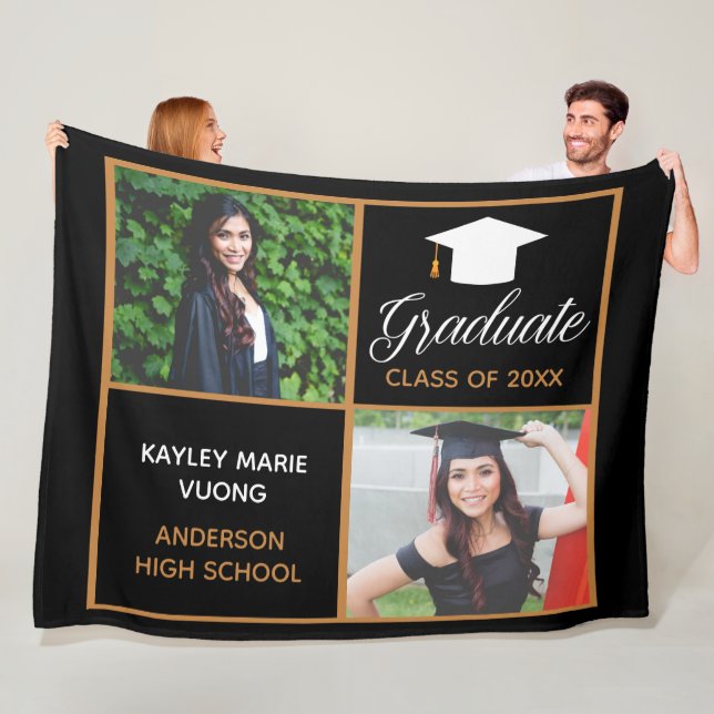 Chic Graduation Photo Black Gold Graduate Gift Fleece Blanket (In Situ)