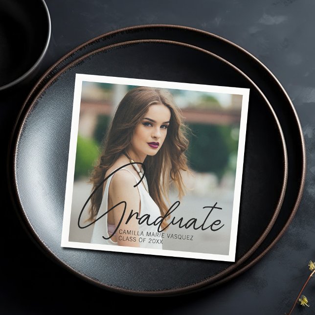 Chic Graduation Photo Black Script Overlay Party Napkin (Creator Uploaded)