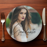 Chic Graduation Photo Black Script Overlay Party Paper Plate<br><div class="desc">This chic graduation party paper plate features sophisticated handwritten black script over a trendy full photo of your graduate. Customise this modern grad decor with your grad year and name.</div>