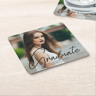 Chic Graduation Photo Black Script Overlay Party Square Paper Coaster