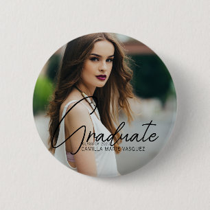 Chic Graduation Photo Handwritten Script Overlay 6 Cm Round Badge