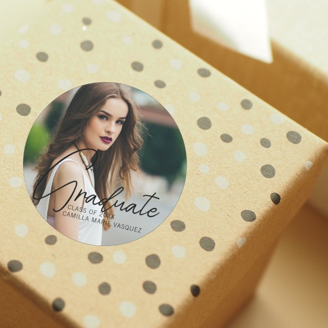 Chic Graduation Photo Handwritten Script Overlay Classic Round Sticker (Creator Uploaded)