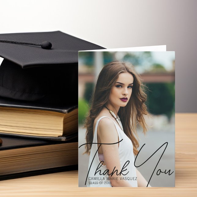 Chic Graduation Photo Trendy Black Script Overlay Thank You Card (Creator Uploaded)
