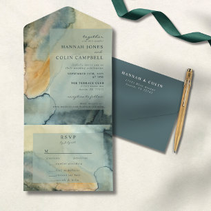 Chic Granite Blue Green Watercolor Wedding All In One Invitation