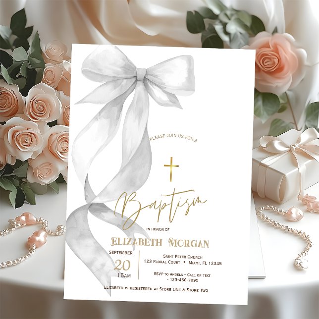 Chic Gray Bow Gold Cross Baptism Invitation (Creator Uploaded)
