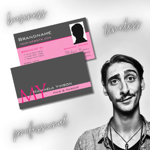 Chic Gray Pink with Monogram and Photo Modern Business Card